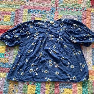 a.n.a Blue Flowy Floral Blouse With Puff Sleeves